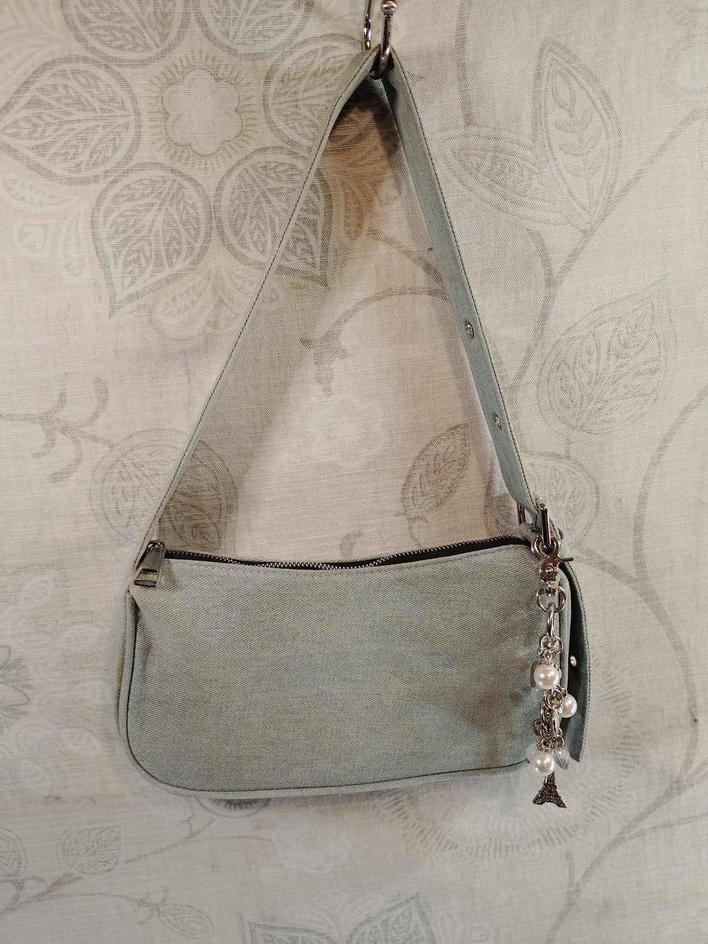 Light Blue Denim Shoulder Bag with Decorative Pearl & Silver Tone Charm
